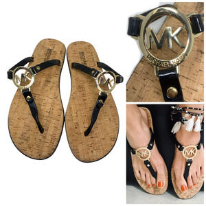 NEW Michael Kors Sz 8 Black Charm Jelly T Strap Logo Sandals Cork Lined NWOB